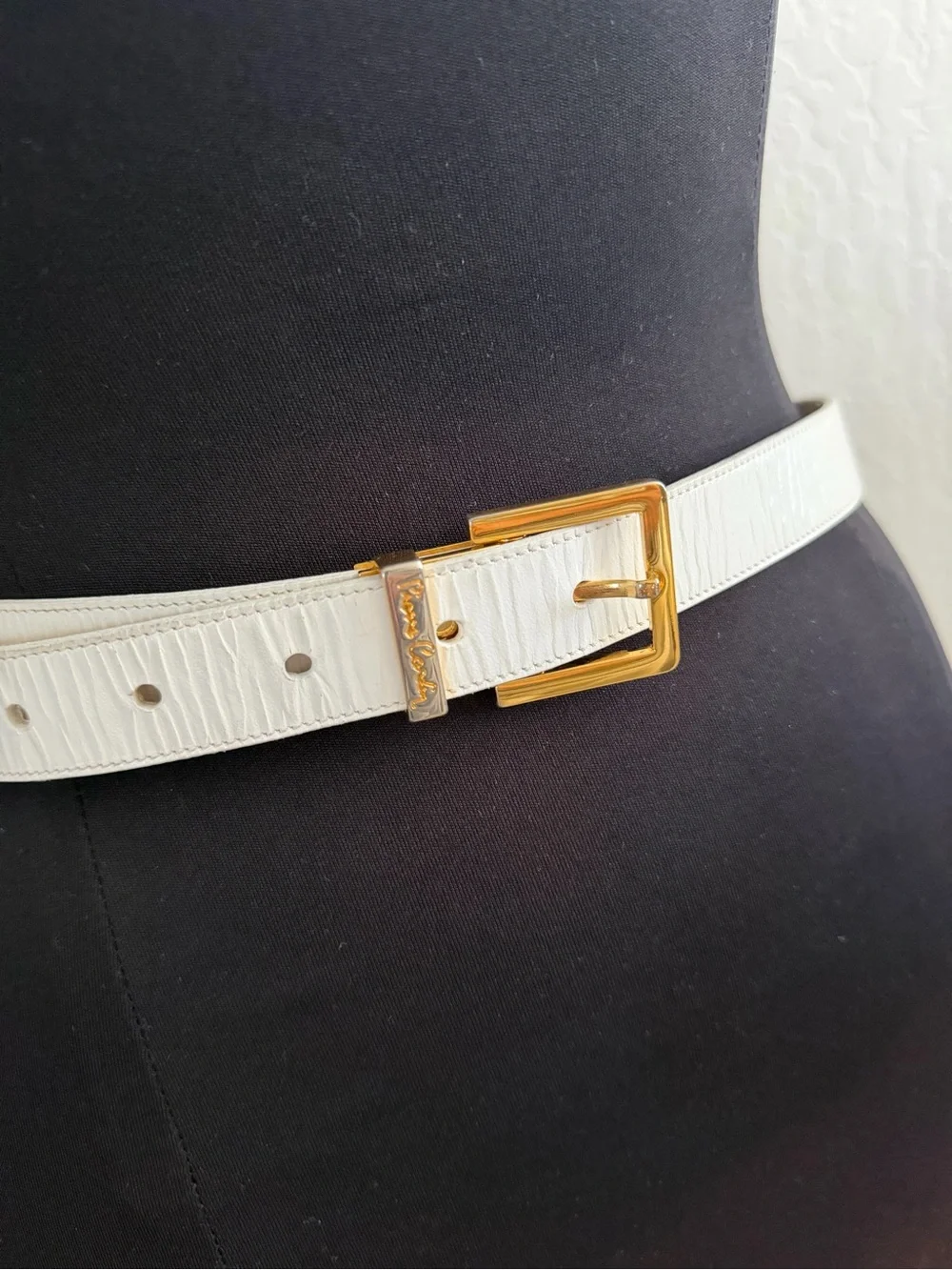 pierre cardin white belt textured, leather-and gold-tone buckle.
